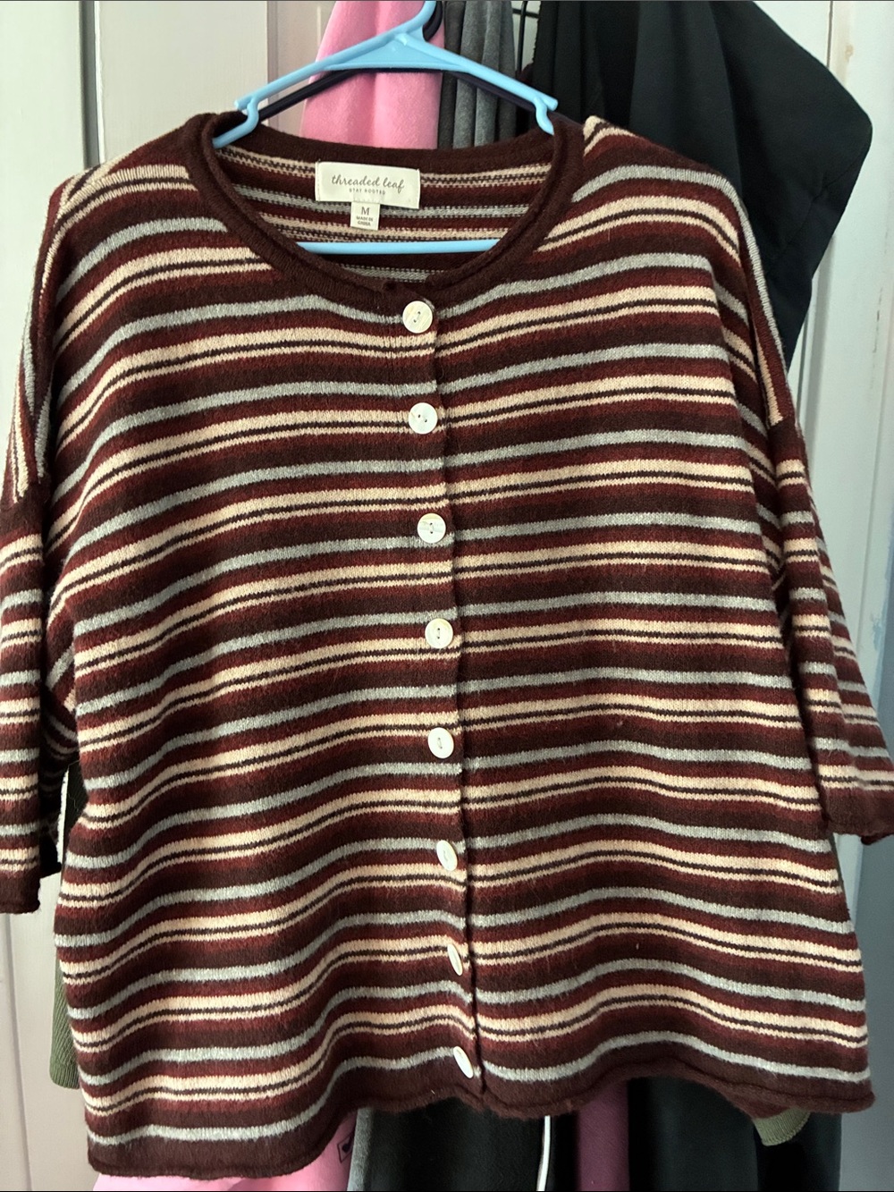 Women's Burgundy Striped Button-Front Sweater cropped